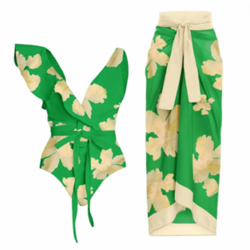 Traje De Baño De Una Pieza Estampado De Poliéster Con Nudo Y Vestido De Playa