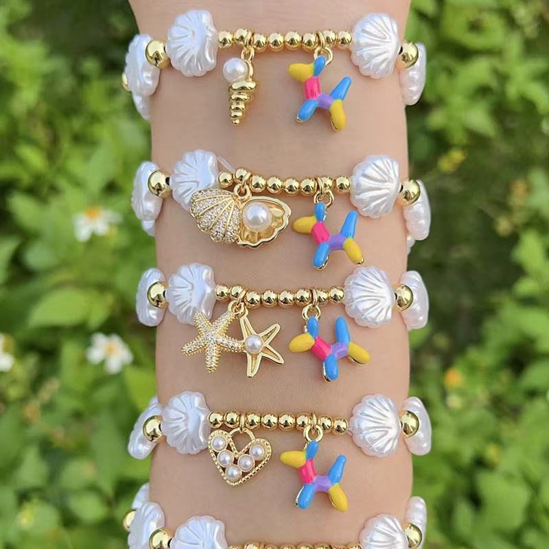 Pulsera De Cuentas De Concha De Perro Con Globo De Concha De Perla Bañada En Cobre Y Oro