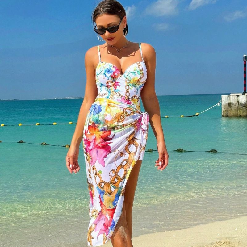 Traje De Baño De Una Pieza Con Estampado De Poliéster Y Vestido De Playa