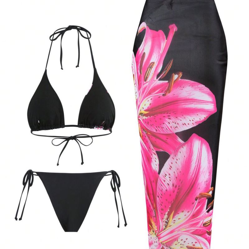 Traje De Baño De Dos Piezas Con Cuello Halter Estampado De Poliéster Y Cordones Conjunto De Bikini Y Vestido De Playa