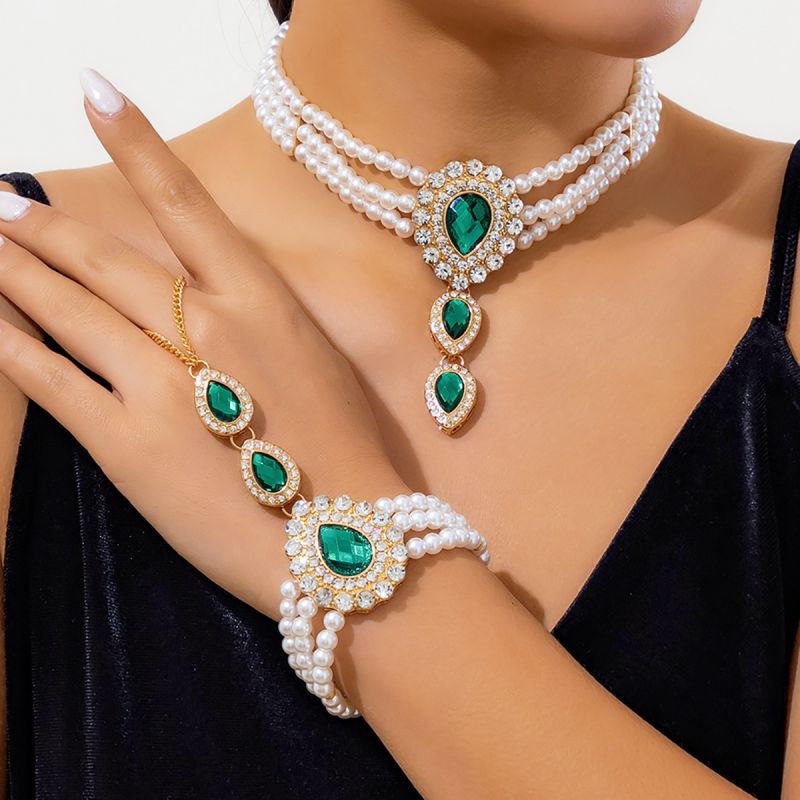 Pulsera De Dedo Con Cuentas De Perlas De Aleación Y Diamantes En Forma De Lágrima