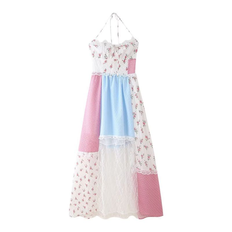 Vestido Largo Con Cuello Halter Y Encaje Floral