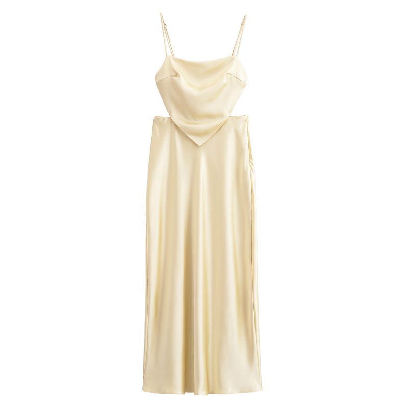 Vestido Largo De Seda Con Cuello Recto Y Cintura Halter