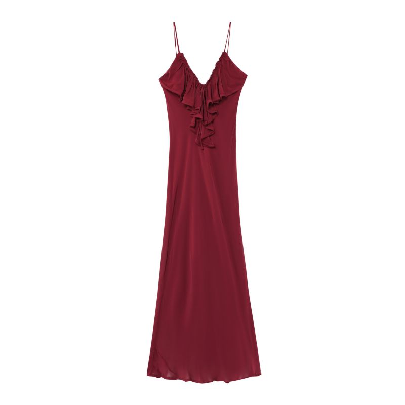 Vestido De Gasa Con Volantes Y Escote En V Con Tirantes