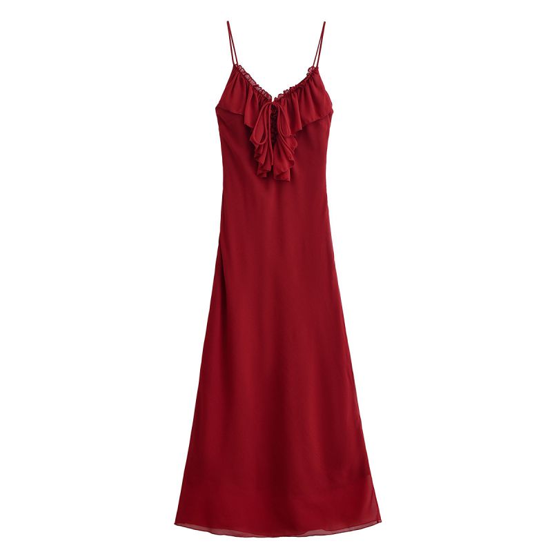 Vestido De Gasa Con Volantes Y Escote En V Con Tirantes