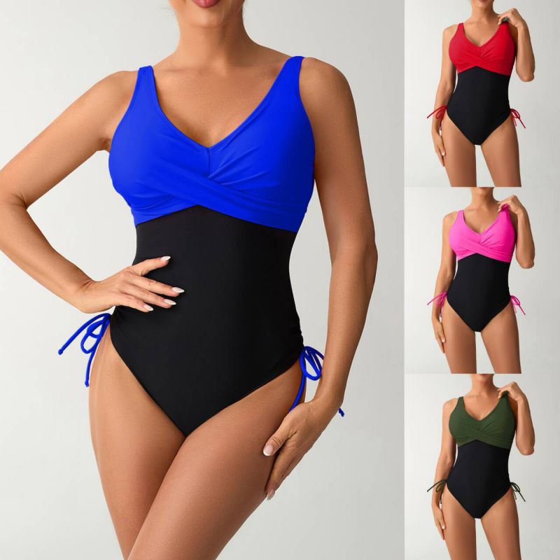 Traje De Baño De Una Pieza De Nailon Con Cordones Y Bloques De Color