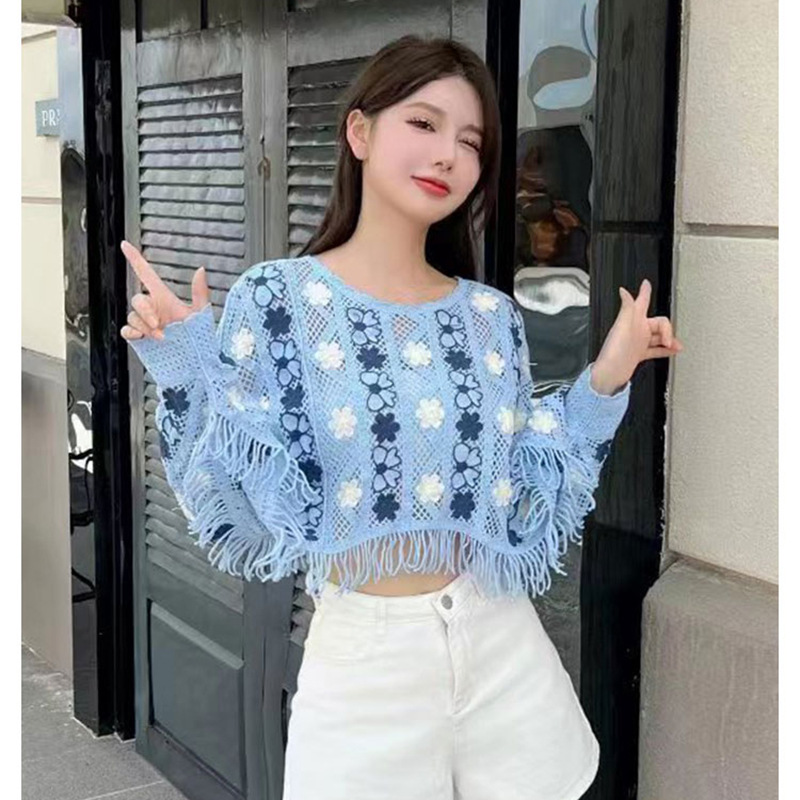 Cárdigan De Punto De Manga Larga Con Borlas Huecas De Crochet