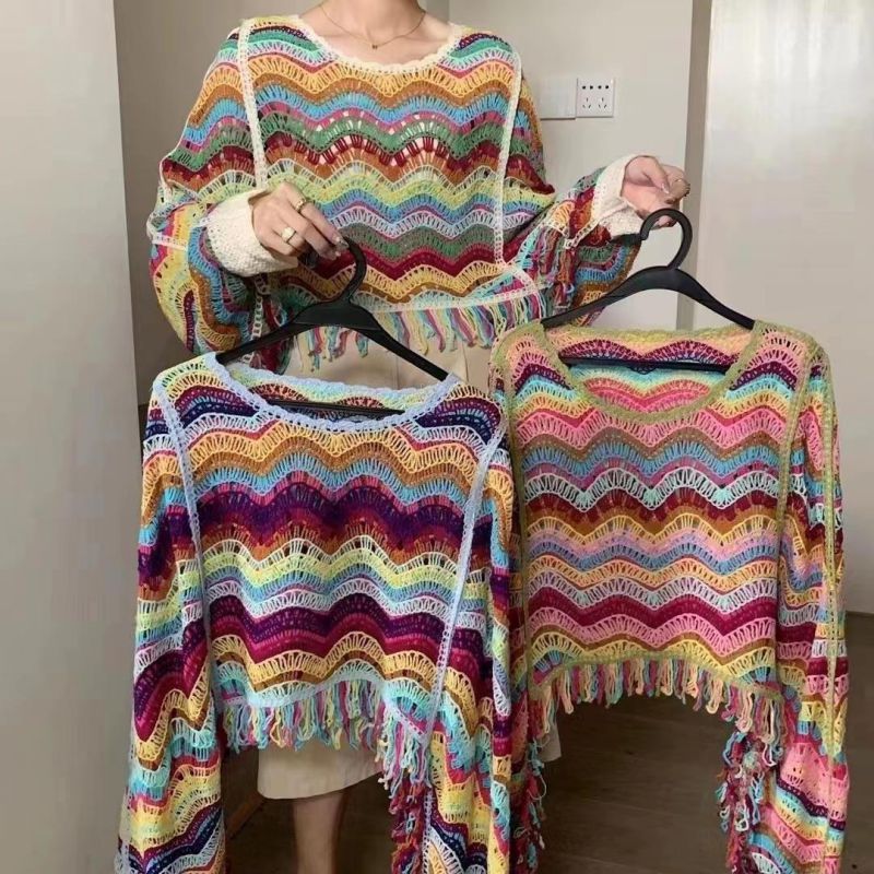 Cárdigan Tipo Suéter Irregular Con Borlas Y Flores De Gancho Hueco