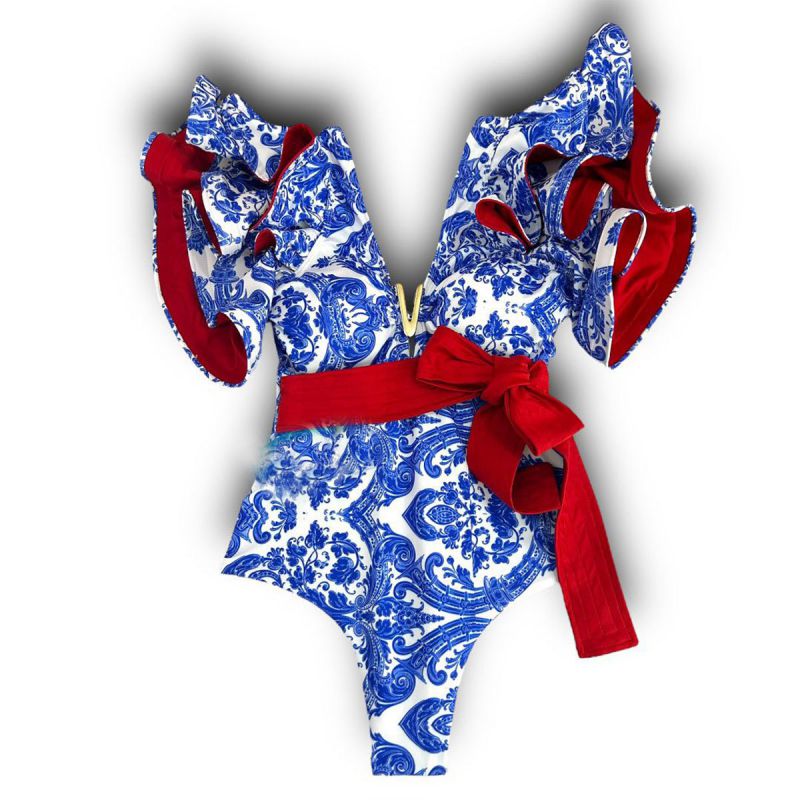 Traje De Baño De Una Pieza De Poliéster Con Estampado De Color En Contraste