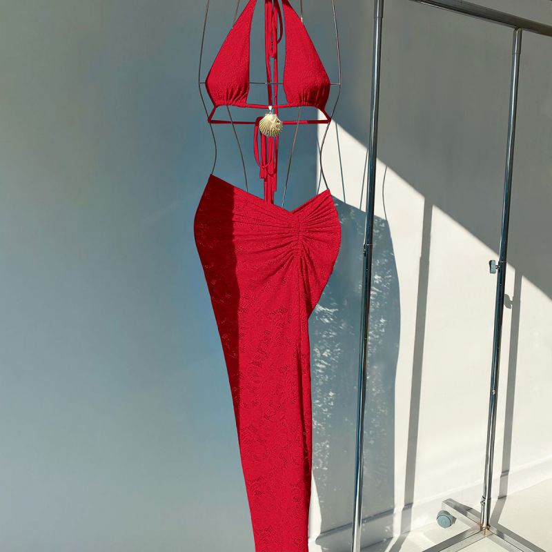 Conjunto De Bikini De Baño De Tres Piezas Con Cuello Halter Y Cordones De Poliéster