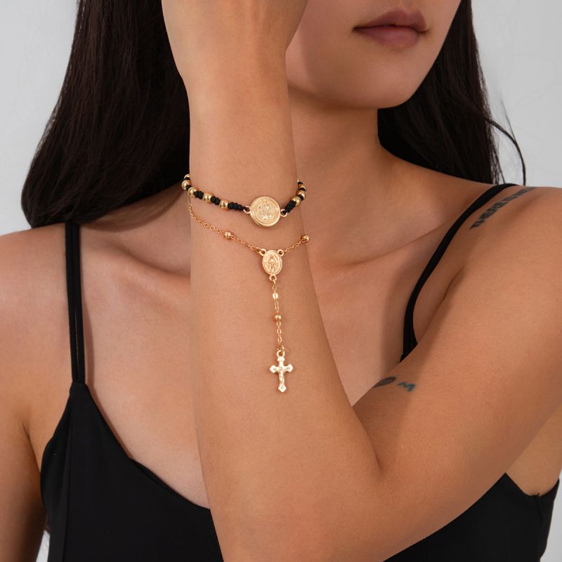 Pulsera Doble Con Retrato De Cruz De Metal