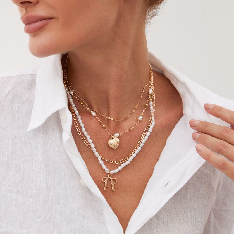 Collar Multicapa Con Lazo De Corazón Y Cuentas De Perlas