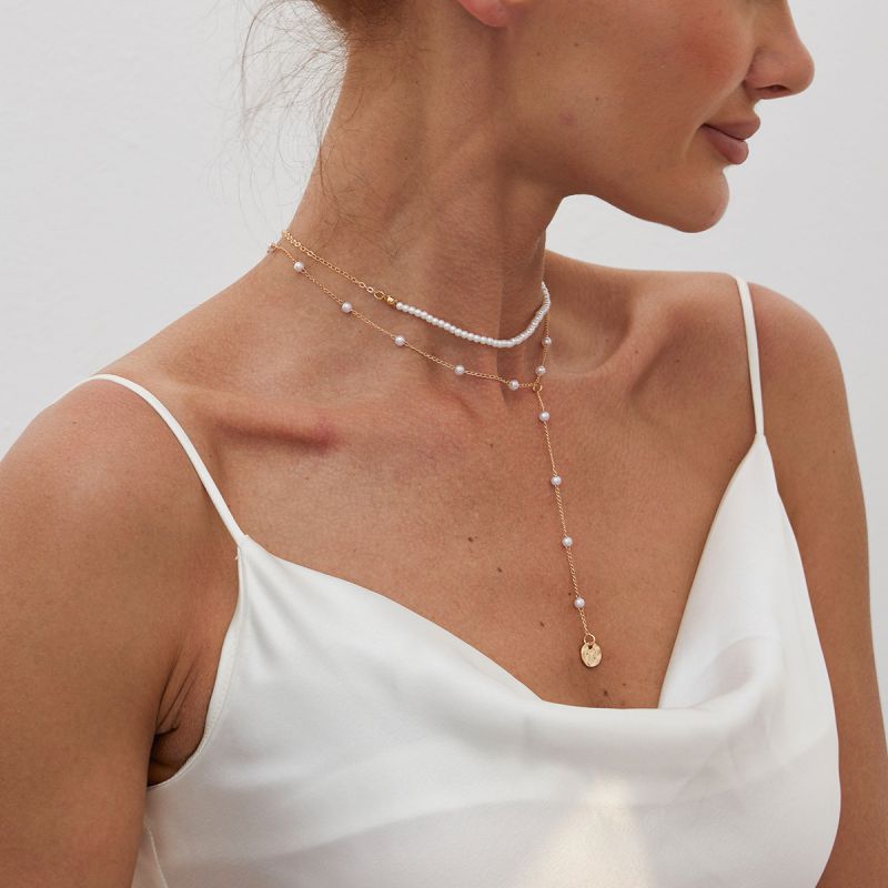 Collar Multicapa En Forma De Y Con Cuentas De Perlas
