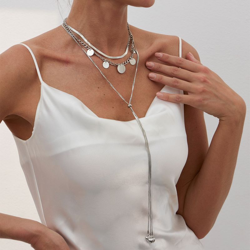 Collar Multicapa En Forma De Y Con Cadena De Hueso De Serpiente Y Disco De Metal
