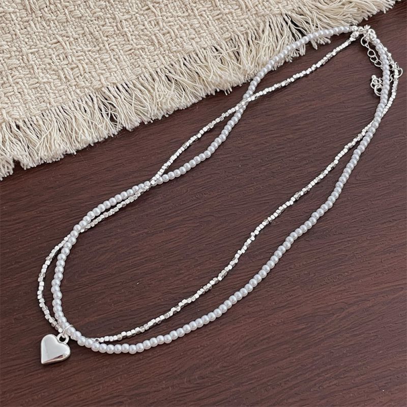 Collar Doble De Corazón Con Cuentas De Perla Y Plata