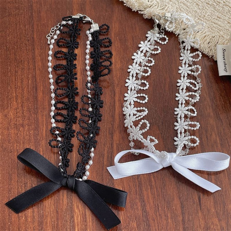 Collar Con Lazo De Encaje De Perlas De Cristal De Doble Capa