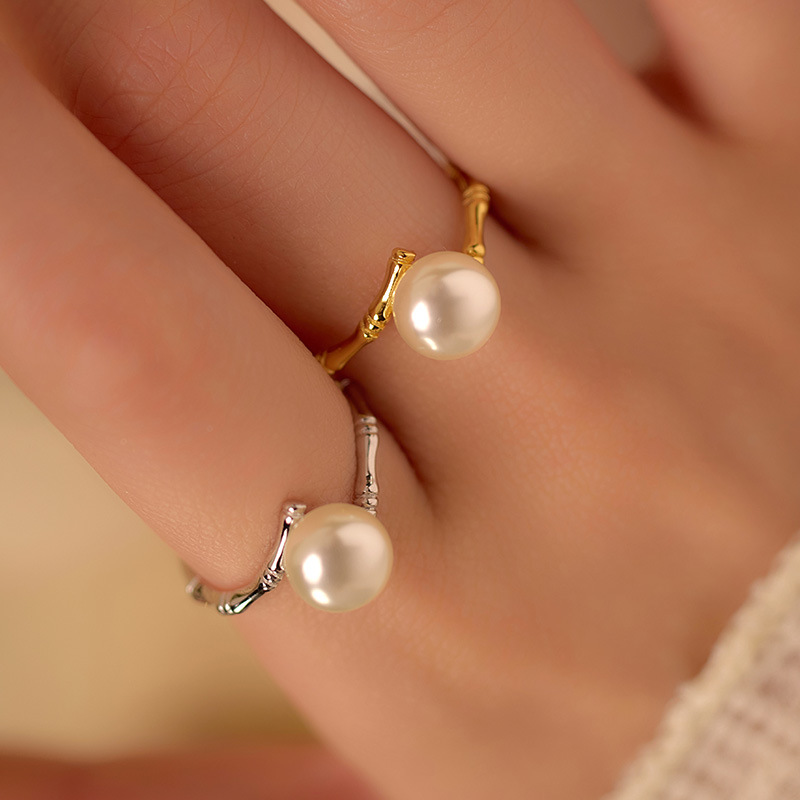 Anillo De Bambú Con Perla De Plata