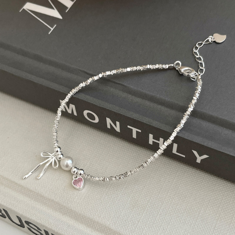 Pulsera De Plata Con Lazo De Corazón Y Diamantes