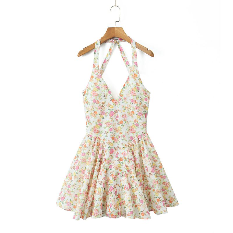 Vestido Halter De Algodón Con Cuello En V Y Estampado