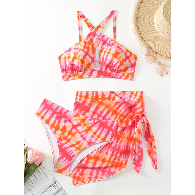 Traje De Baño De Dos Piezas Con Cuello Halter Y Estampado De Poliéster Con Nudo Para Playa