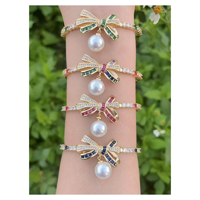Pulsera De Perlas Con Lazo De Diamantes Bañada En Oro Y Cobre