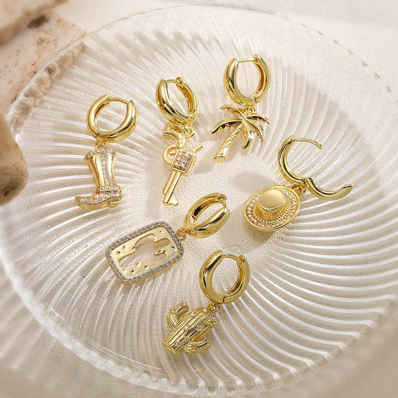 Pendientes De Cocotero Con Sombrero De Cactus Y Pistola De Cobre Y Diamantes
