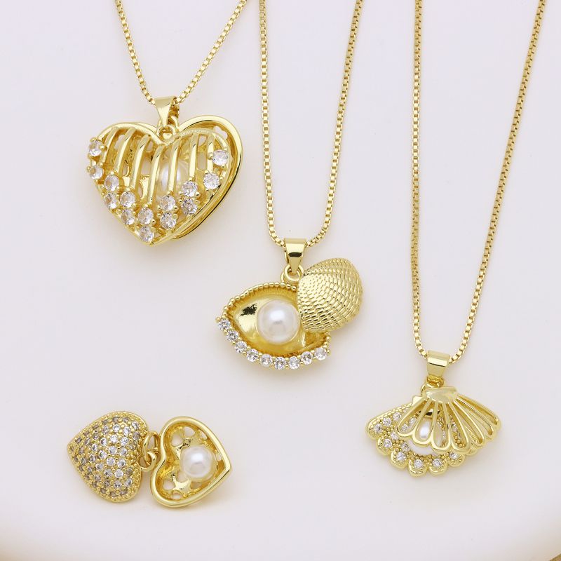 Collar De Concha De Corazón De Perla Y Diamante De Metal