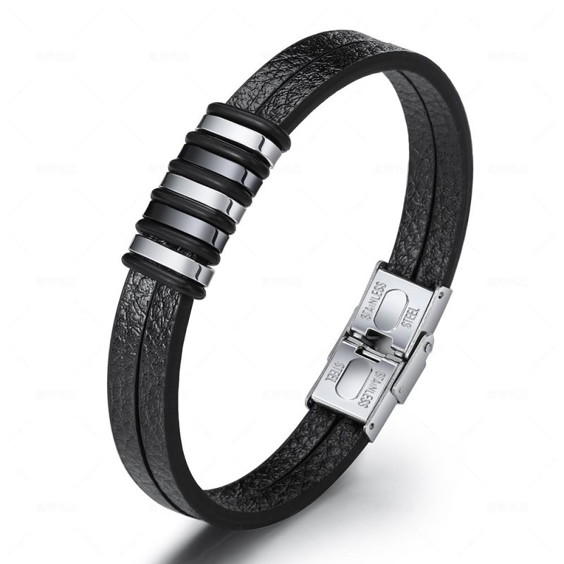 Pulsera De Cuero Y Acero Inoxidable Para Hombre