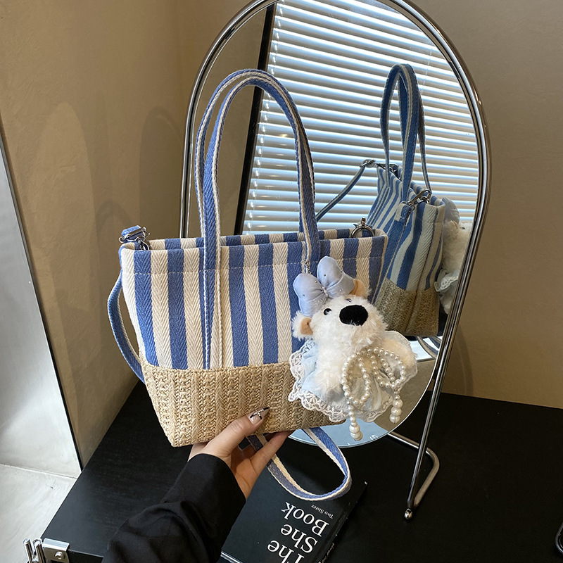 Bolso De Hombro De Lona Con Patchwork De Rayas