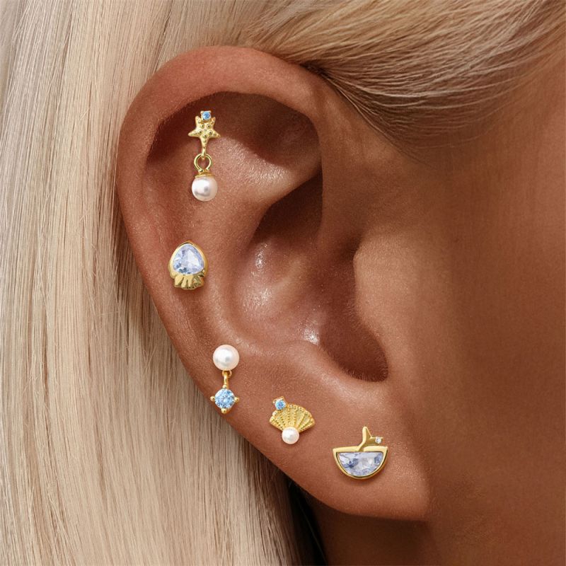 Conjunto De Pendientes Geométricos De Plata Diamantes Perla Y Concha