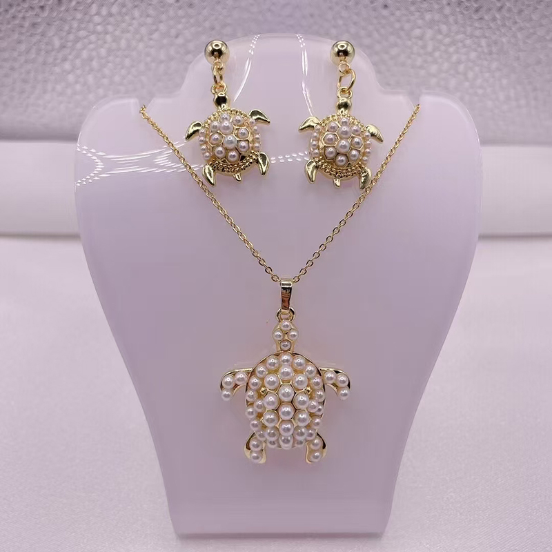 Conjunto De Collar Y Pendientes Con Forma De Tortuga Y Perla De Cobre