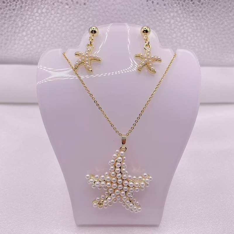 Conjunto De Aretes Y Collar De Estrellas De Mar Con Perla De Cobre