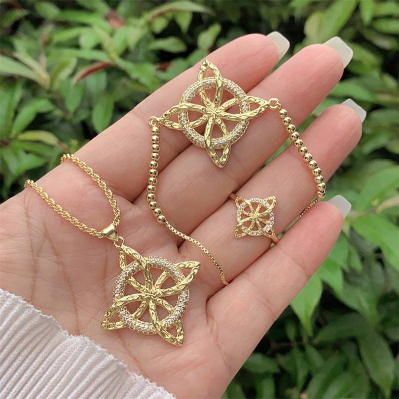 Conjunto De Collar Pulsera Y Anillo Con Nudo De Bruja Geométrico Chapado En Oro Y Cobre.