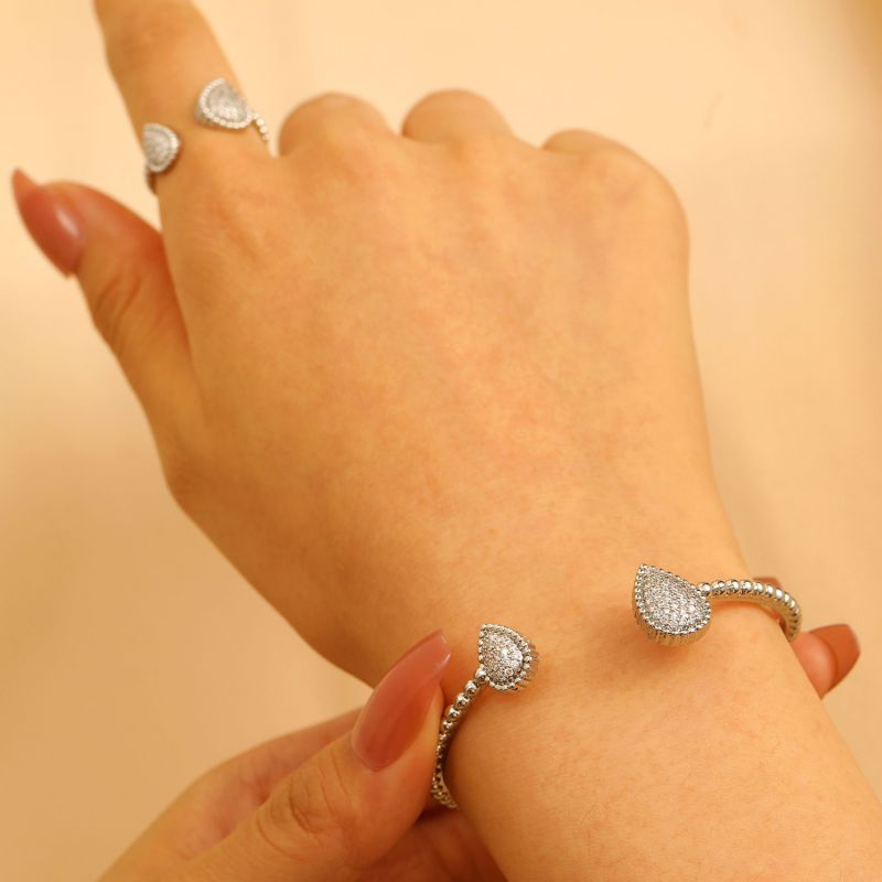 Conjunto De Pulsera Y Anillo Abierto Con Lágrima De Circonita Con Incrustaciones De Cobre