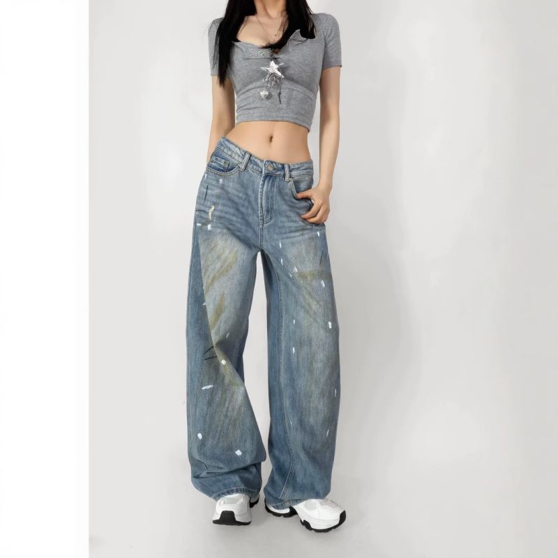 Pantalones Vaqueros Anchos Desgastados Con Efecto Lavado De Tinta