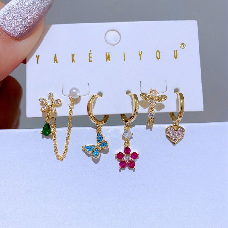 Juego De Pendientes Con Forma De Corazón De Abeja Y Flor De Circonita Con Incrustaciones De Cobre