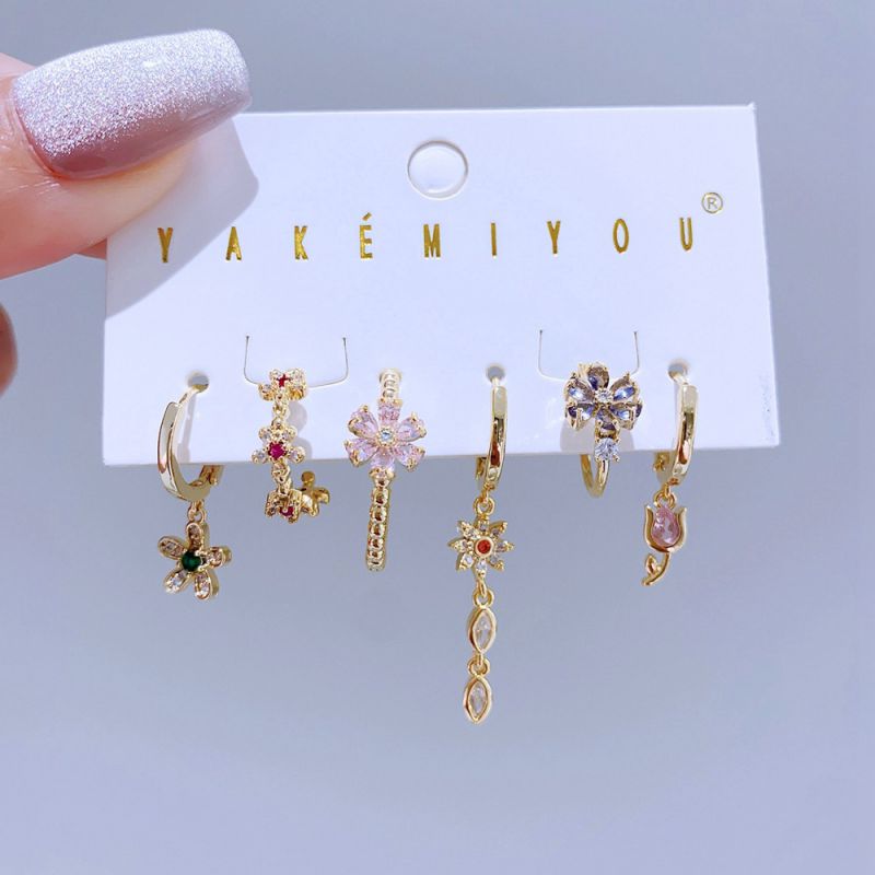 Conjunto De Pendientes Geométricos Con Flores De Circonita Con Incrustaciones De Cobre