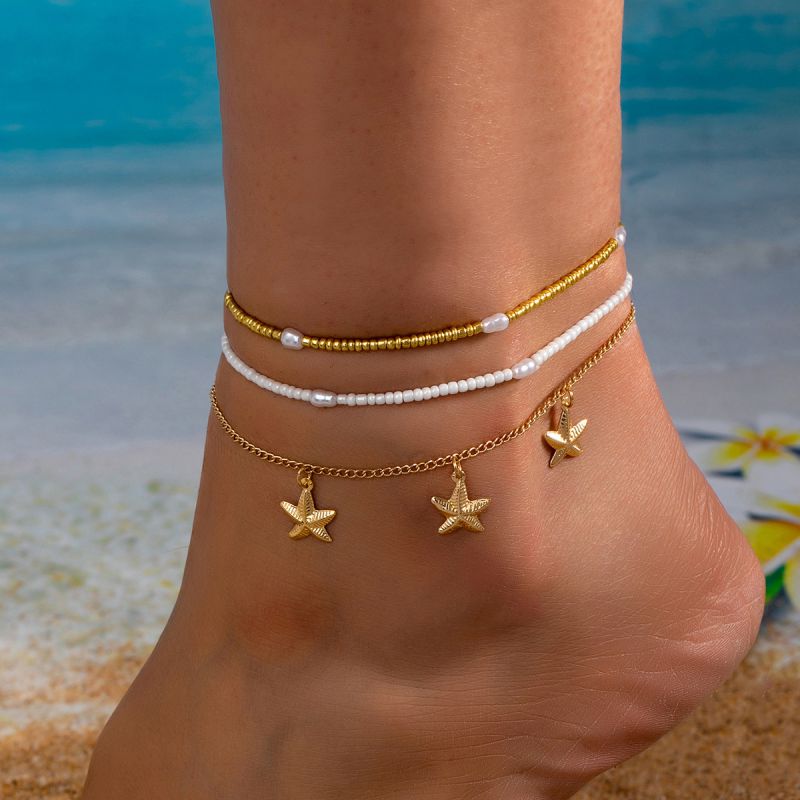 Juego De Tobilleras Con Estrellas De Mar Y Cuentas De Arroz