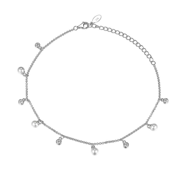 Tobillera De Plata Y Perla Con Diamantes