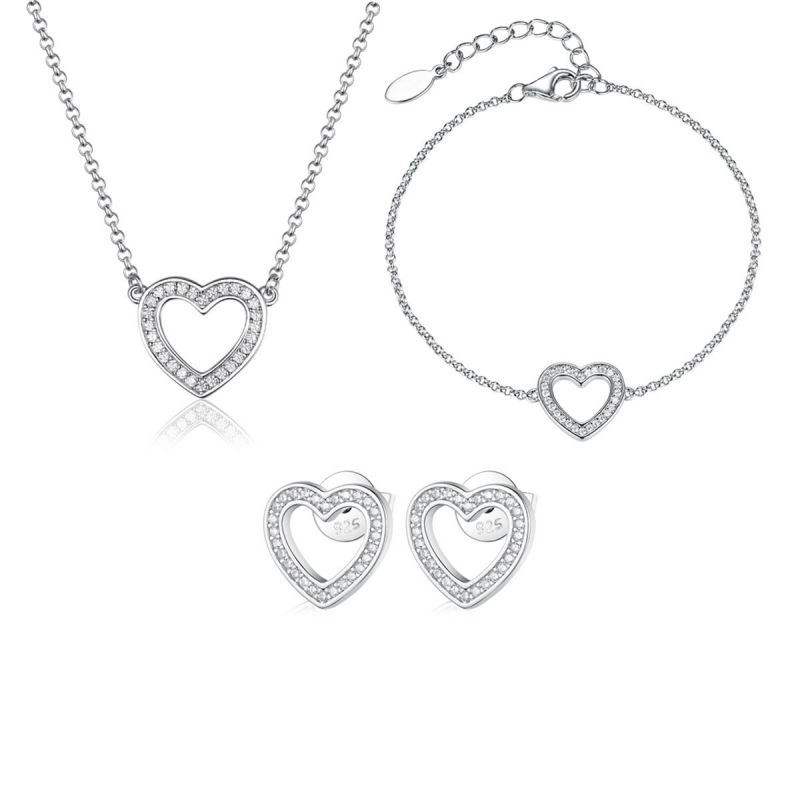 Conjunto De Pendientes Pulsera Y Collar Con Corazón De Diamantes De Plata