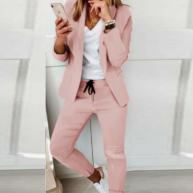 Conjunto De Chaqueta De Traje Con Solapa Combinada Y Pantalón Con Puños Anudados