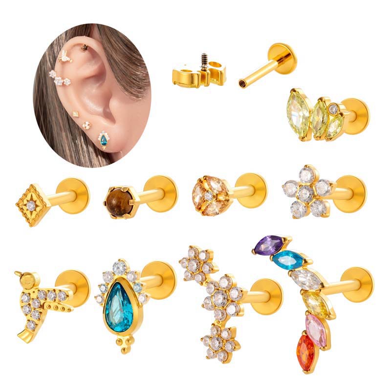 Piercing Para El Labio Con Forma De Lágrima. Geométrico. Con Forma De Ojo De Caballo Y Diamante. De Aleación. Con Diseño De Flor Y Pájaro (individual)