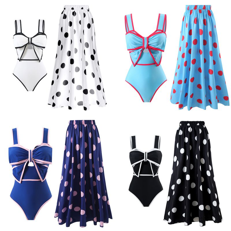 Traje De Baño De Una Pieza Con Lazo De Nailon Y Lunares Conjunto De Vestido Playero