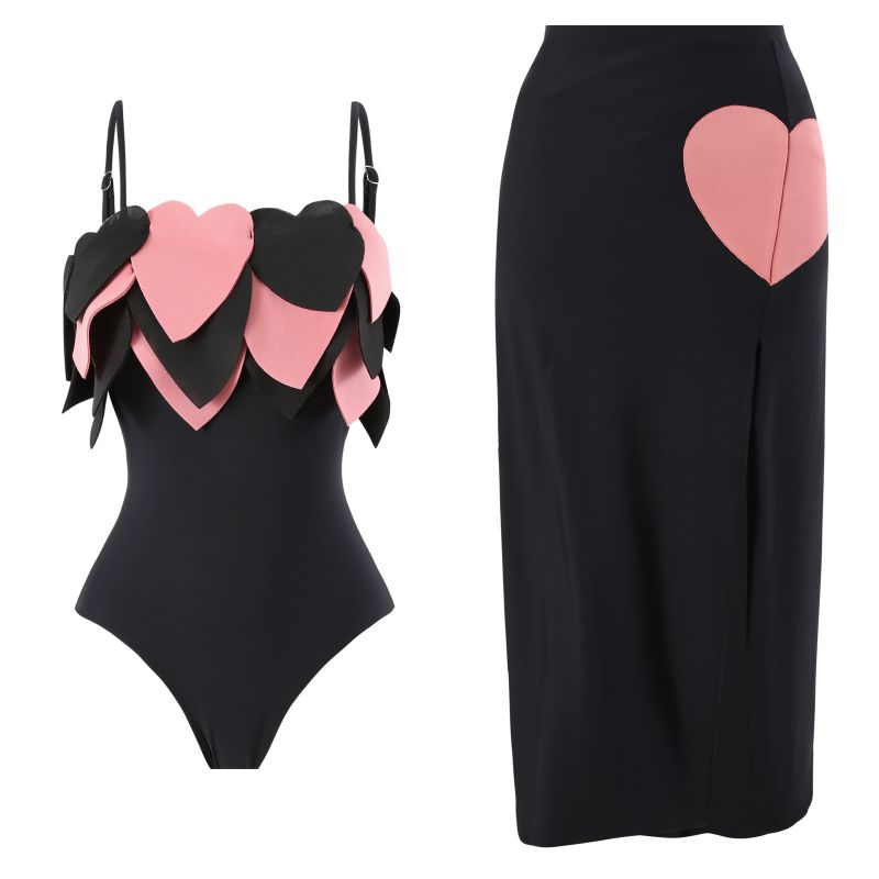 Traje De Baño De Una Pieza Con Capas De Nailon Y Corazón De Amor Conjunto De Vestido De Playa