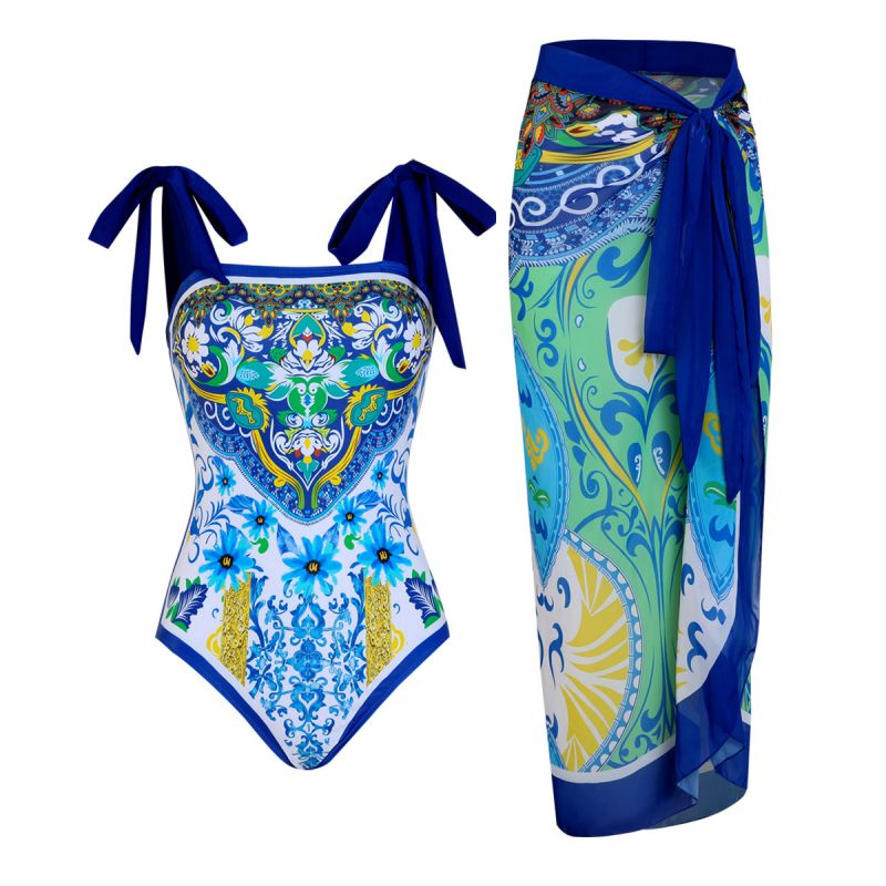 Traje De Baño De Una Pieza Estampado De Poliéster Con Nudo Y Vestido De Playa