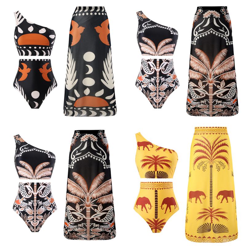 Traje De Baño De Dos Piezas De Cintura Alta Con Estampado De Poliéster Y Vestido De Playa