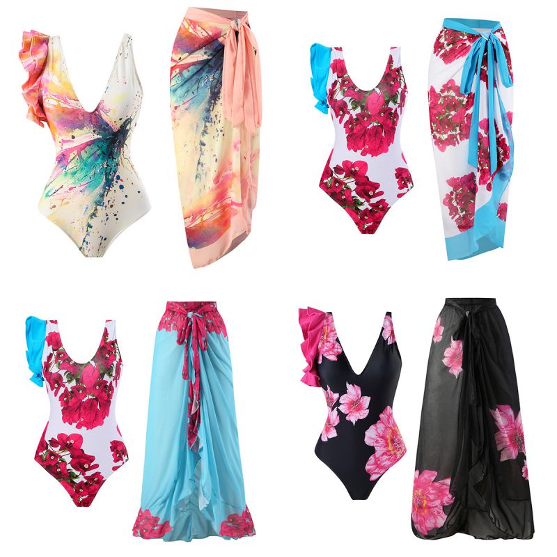 Traje De Baño De Una Pieza Estampado De Poliéster Con Nudo Y Vestido De Playa