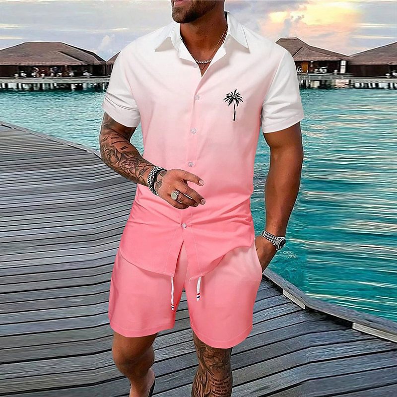 Traje De Camisa Y Pantalón Corto Con Solapa Degradada Para Hombre
