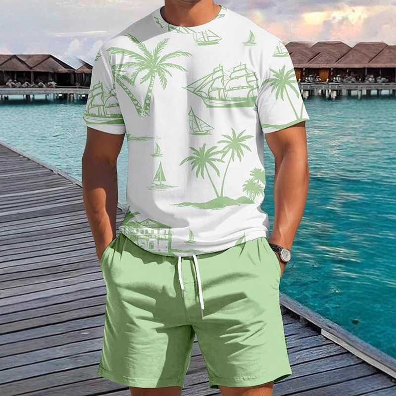 Traje Corto De Manga Corta Con Cuello Redondo Y Estampado Para Hombre