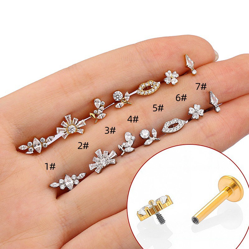 Piercing Para Labios De Aleación De Titanio G23/f136 Con Incrustaciones De Flor De Circonio Y Diseño Geométrico.